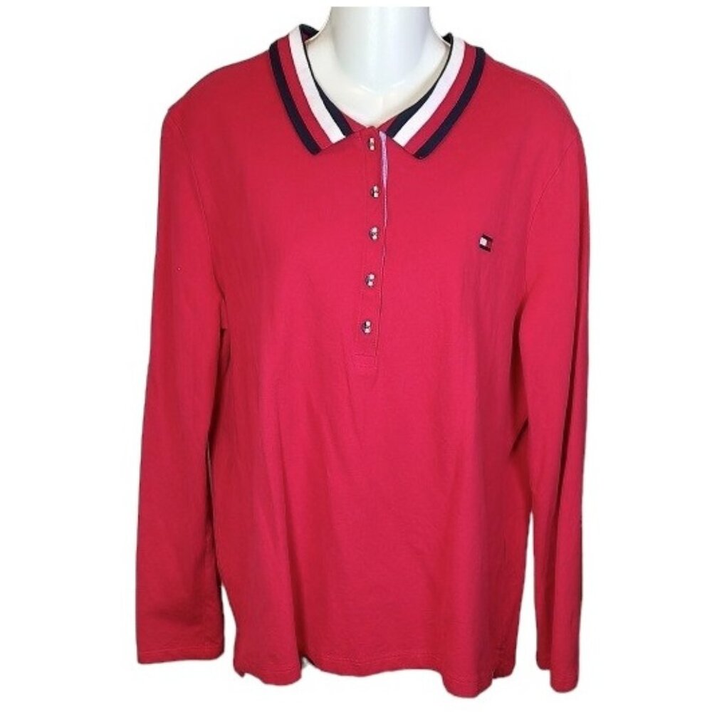 Tommy Hilfiger Women's Red with Striped Collar Long Sleeve Polo XL
